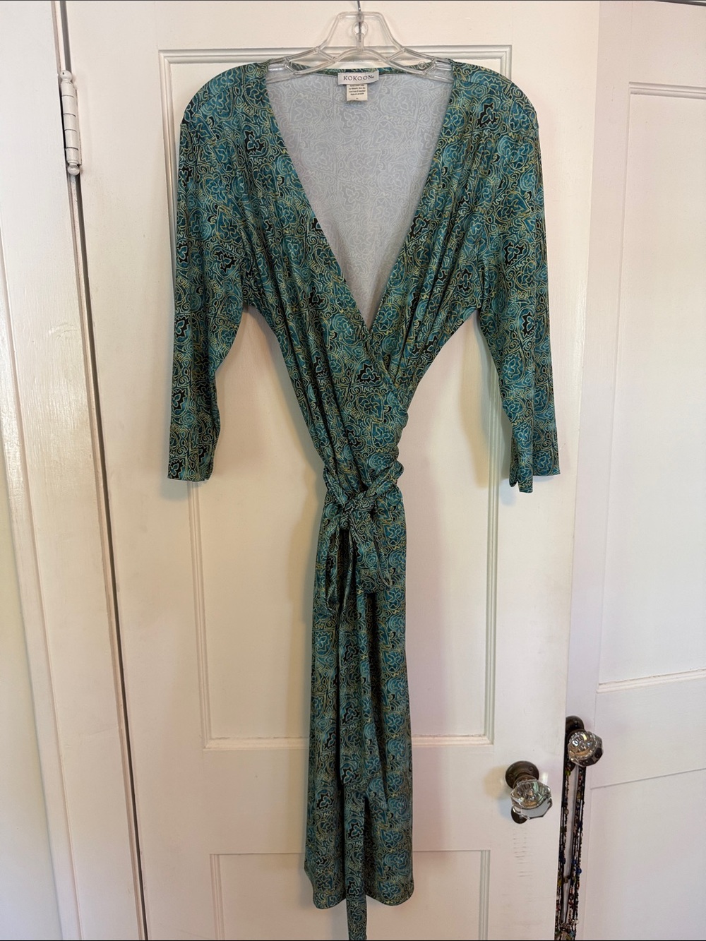 Kokoon Green Paisley Knee-Length Wrap Dress with Three-Quarter Sleeves